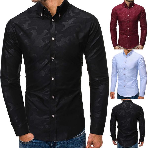 

2019 new men's fashion camouflage printing collar corner buckle business leisure long sleeve slim fit shirt, White;black