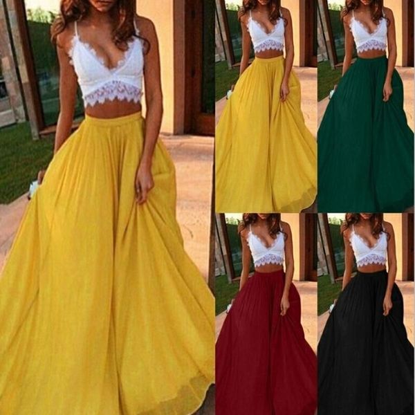 Chiffon longa saia elegante saia cor sólida verão outono mulheres alta cintura dupla A-Linha Boho Estilo Praia Maxi Saias 210309