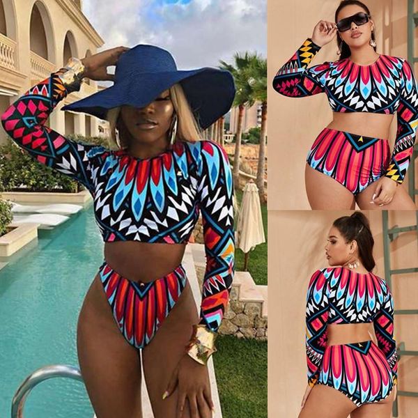

swimwear women bikini two pieces swimsuits beach wear bathing long sleeve print push up holiday swimming suits 2117
