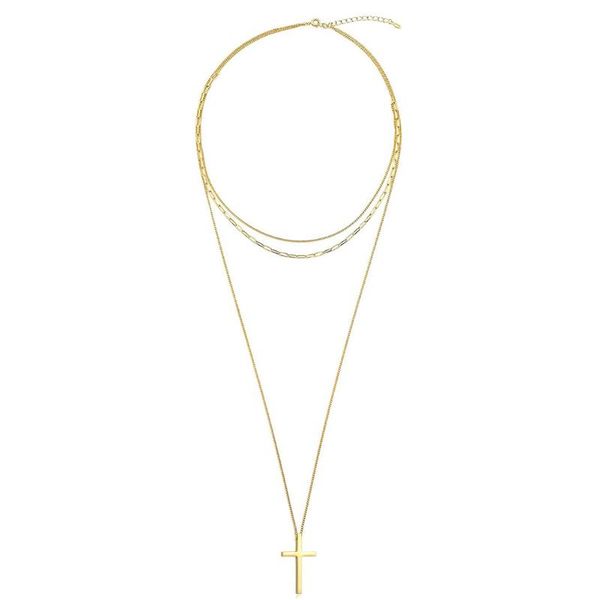 

pendant necklaces catholic church stainless steel multilayer cross long necklace for woman 3 layer chain choker christian jewelry, Silver