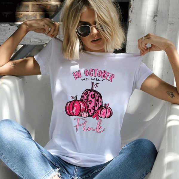 

in october we wear pink pumpkins print t-shirts women summer for girls o neck woman tshirts fashion aesthetic clothes femme, White