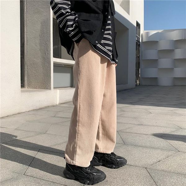 

autumn corduroy casual pants men korean fashion loose straight wide-leg pants men harajuku streetwear retro pleated trousers, Black
