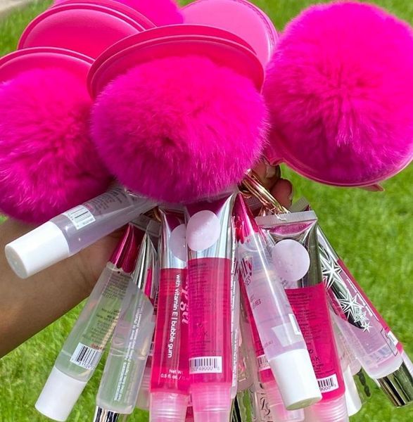 

lip gloss clear custom key chain vegan glitter wholesale natural shimmer pompoms fruit