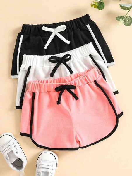 

baby 3pcs tie waist contrast binding shorts she, Black