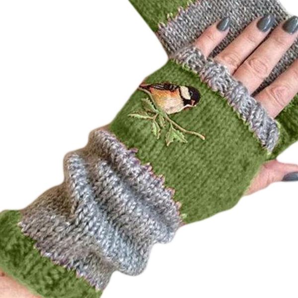 

five fingers gloves women winter knitted fingerless bird embroidered color block splice half 83xf, Blue;gray