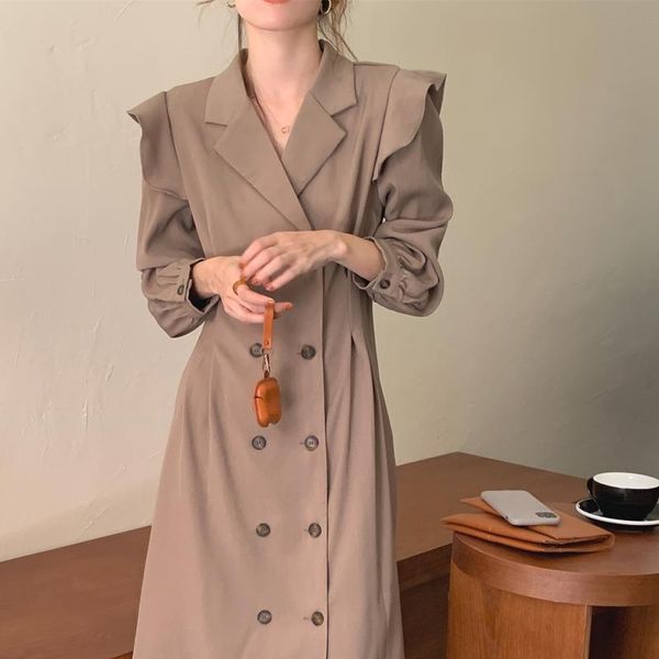 

casual dresses superaen 2021 autumn french retro ruffle waist slim windbreaker solid notched office lady full dress women, Black;gray