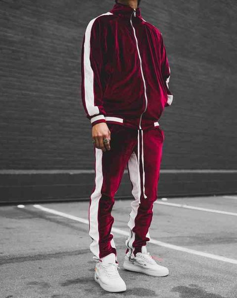 

men's tracksuits velvet mens designer street sports styles fashion panelled zipper coat long pants set male clothing 9v4c, Gray