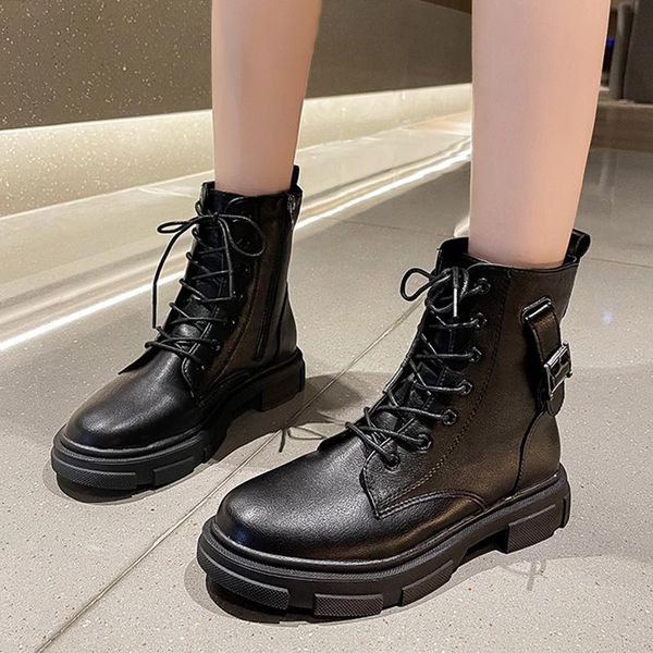 

boots platform women's ankle 2021 autumn black pu leather motorcycle woman fashion buckle round toe lace-up botas
