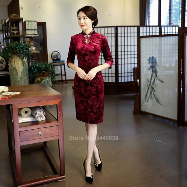 

ethnic clothing chinese traditional cheongsams for women winter autumn velvet floral printed tight slim half sleeve split dress qipao, Red