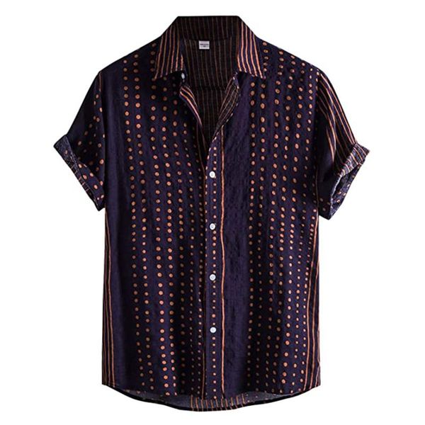 

men's casual shirts 2022 est arrival men short sleeve button-up blouse loose fit stripe dot print lapel neck shirt for summer, White;black