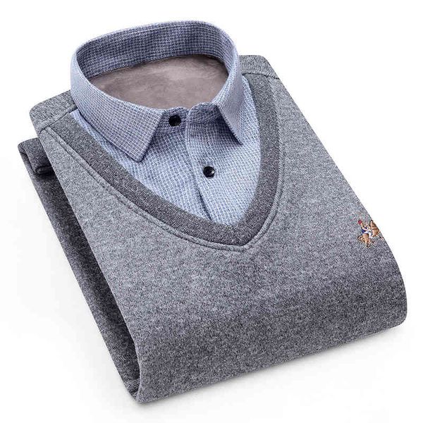 

aoliwen men sweater cardigan shirt collar plus veet thickening winter long sv shirts cashmere drs home shirt sweater, Black