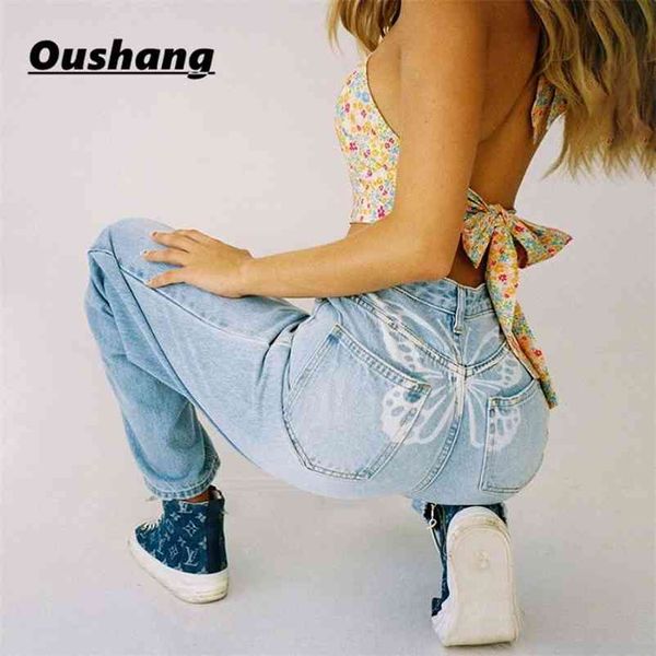 

oushang jean baggy harajuku straight leg casual high waist y2k pants streetwear denim cotton trouser 210629, Blue