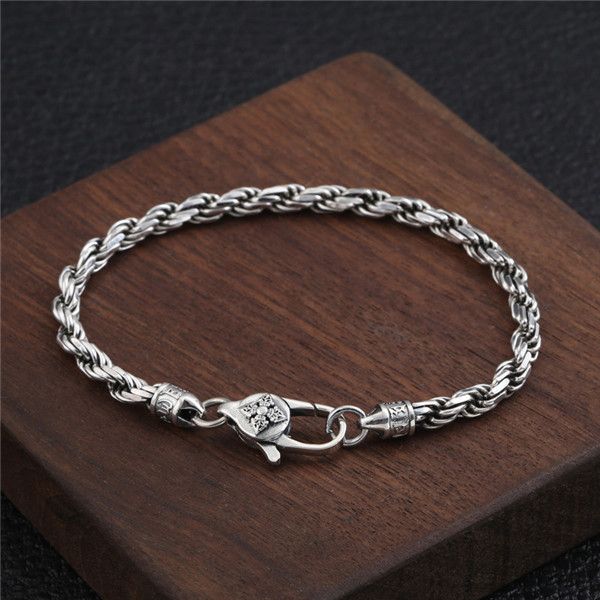 

925 sterling silver braided link chain handmade bracelets 4mm american european punk style antique designer vintage jewelry accessories gift, Black