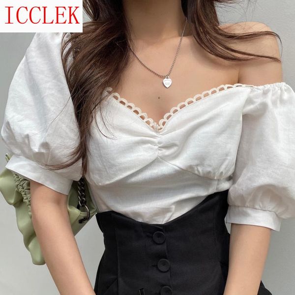 

women's blouses & shirts korean chic watch out for machine leakage clavicle lace bubble sleeve shirt summer design sense v-neck tempera, White