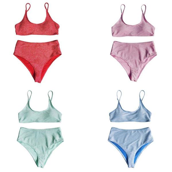 

women bikini set shiny shimmer solid color swimsuit high waisted beachwear