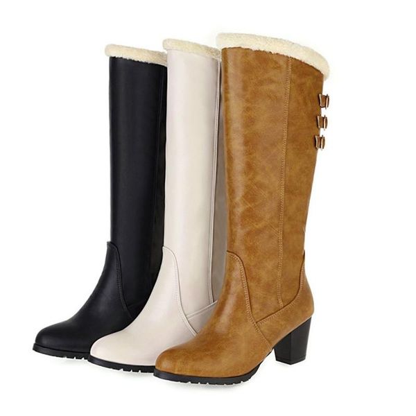 

boots womens pu waterproof knee high buckle women shoes chunky heels plush snow woman 2021 plus size 34-43 ladies, Black