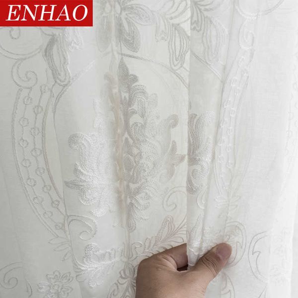 Enhao bordado cortina de tule para sala de estar quarto cozinha branca floral voile pura cortina para janela cortina de linho 210712