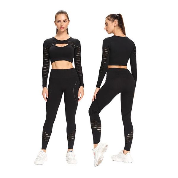 

yoga outfits hollow out set fitness sports wear women gym tracksuit workout long sleeve crop exercise clothing, White;red