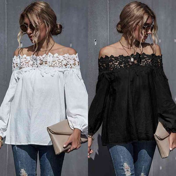 

fashion lace women blouses shirt summer puff sleeve hollow blouse slash neck female blusas femininas 210603, White