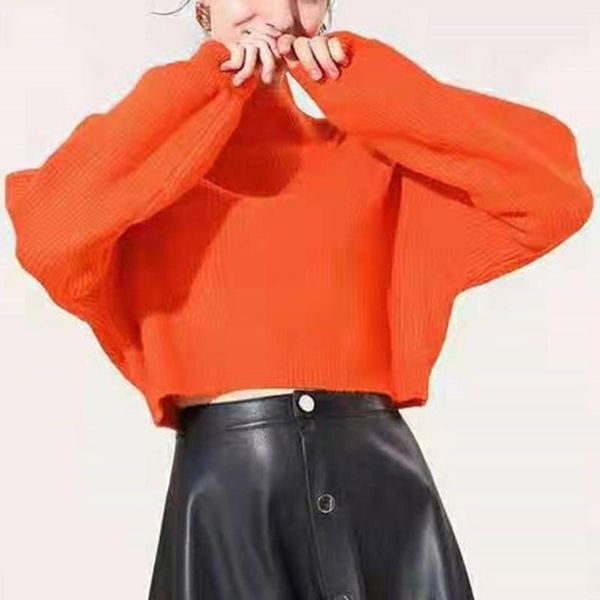 

fashion women 2021 loose knitted sweater short pullover autumn winter casual female turtleneck lantern long sleeve sweaters, White;black