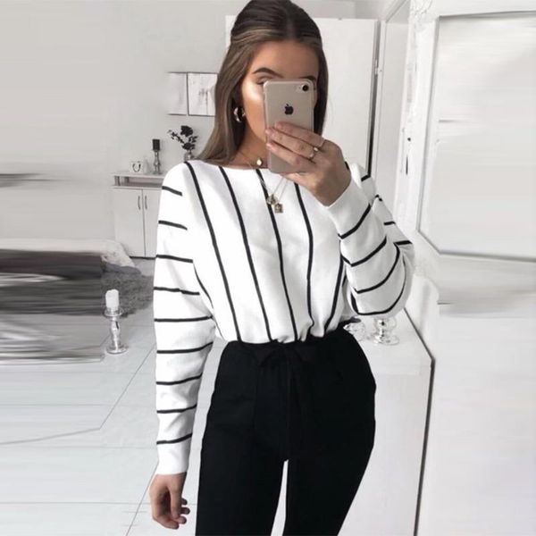 

casual o-neck loose striped women's long batwing sleeve elegant office lady t-shirt autumn 2021 new style, White
