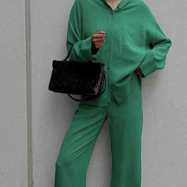 

casual woman green loose shirt suit spring fashion female solid long sleeve set ladie soft suits, White