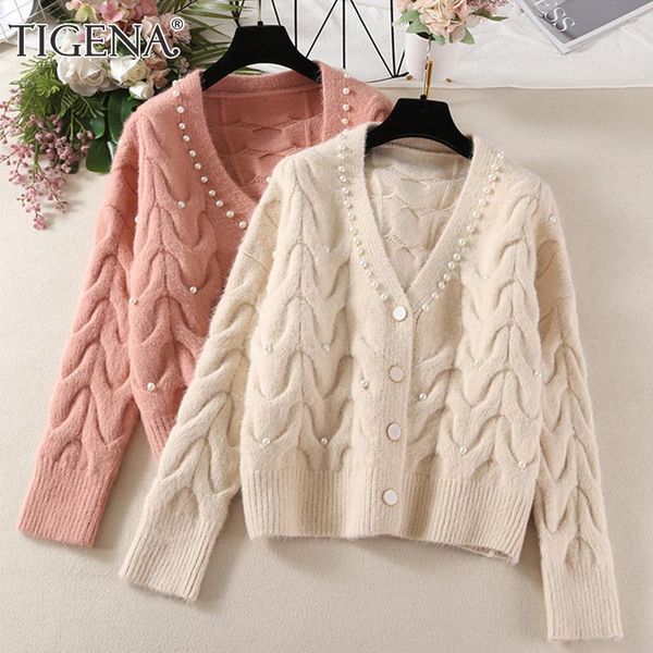 

women's knits & tees tigena korean cute beading sweater cardigan women 2021 autumn winter long sleeve v neck knitted jacket coat female, White