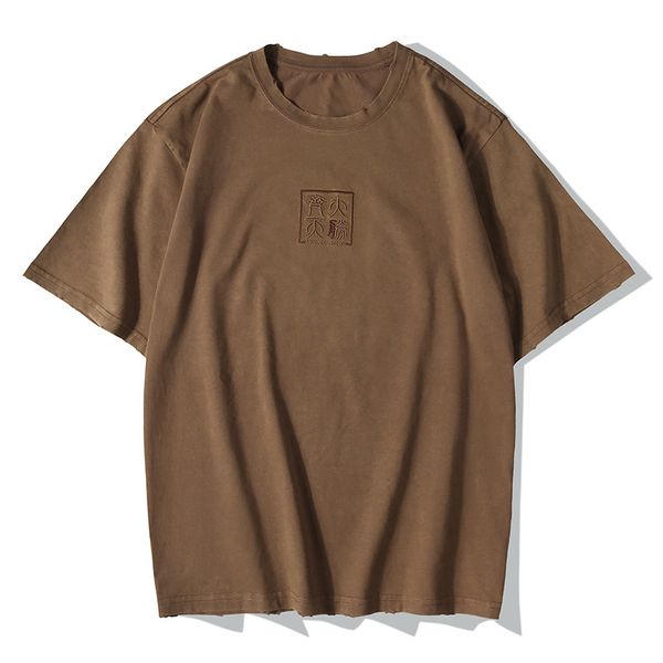 Футболки с принтом хип-хоп повседневные мужские топы с китайскими иероглифами футболки летние винтажные Король обезьян вышивка коричневая футболка