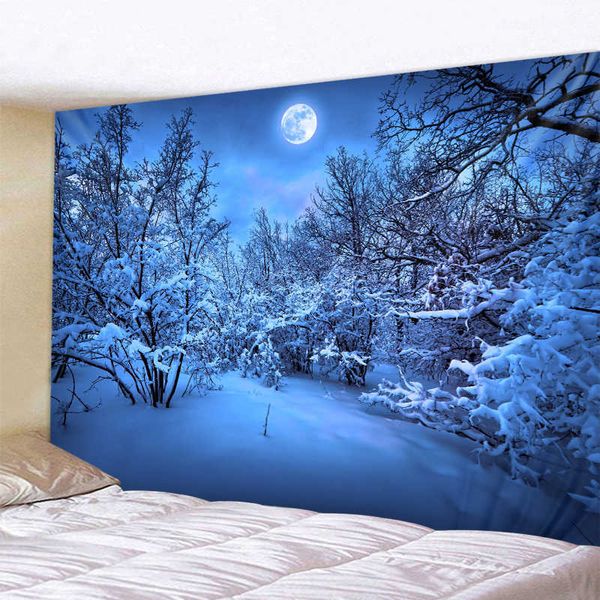 Snowy Night Under The Moon Decor Psychedelic Tapestry Wall Hanging Indian Mandala Tapestry Hippie Tapestry Boho Wall Cloth 210609