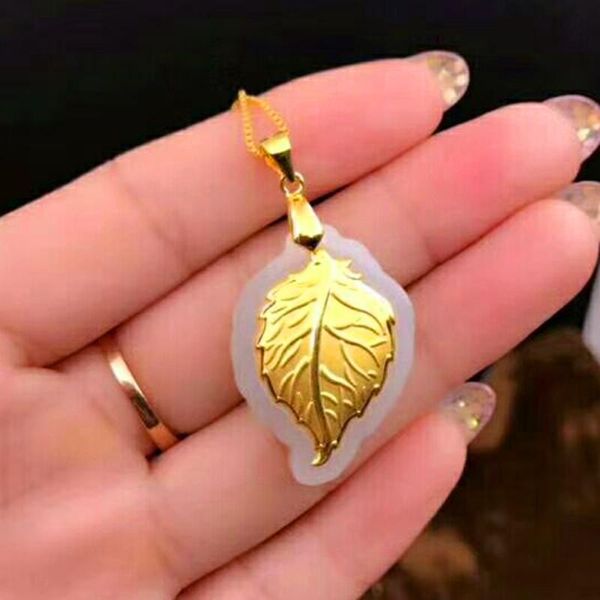 

pendants natural white hetian yu + full gold inlaid carved beauty tree leaf style lucky pendant necklace certificate fashion jewelry/, Black