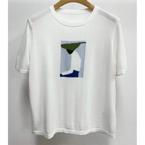 

icic xiaohe fine cotton inlaid t-shirt female round neck pullover personalized dign abstract figure knitted short sleeve summer, White