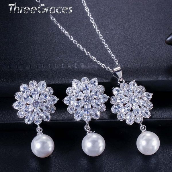 

earrings & necklace threegraces winter white snowflake imitation pearl pendant set for women fashion cz zirconia jewelry gift s207, Silver