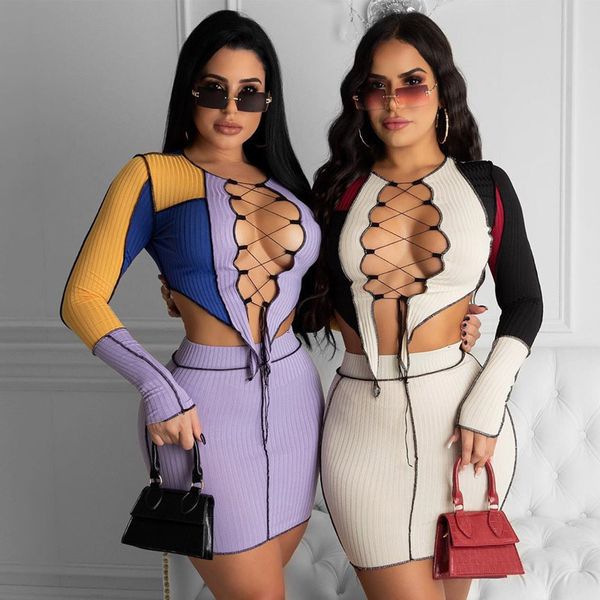

bandage patchwork long sleeve hollow out t-shirt crop high waist pencil skirt womens two pieces set bodycon ribbed knitted, Black