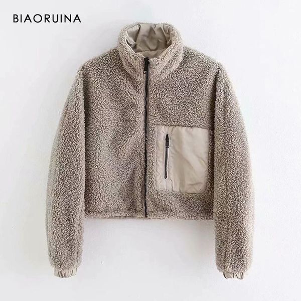 

women's jackets biaoruina lamb fleece reversible winter casual warm thick short jacket stand collar female loose patchwork fashion coat, Black;brown