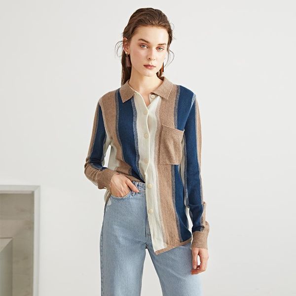 

women's knits & tees wool sweater collar striped color matching long-sleeved knitted cardigan jacket versatile 2022, White