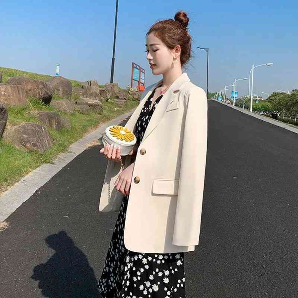 

women's suits & blazers new little female blazer single-breasted jacket beige/black ladies loose sleeve long wild casual pocket 7p, White;black