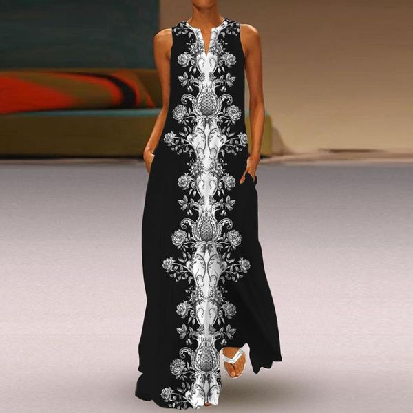 

casual dresses digital printing sleeveless dress women v-neck fashion plus size with pockets trend loose long 2021 summer vestidos, Black;gray