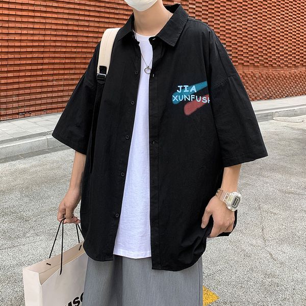 

2021 summer new hong kong style casual mens short-sleeved shirt printing small fresh summer large size trendy men, White;black