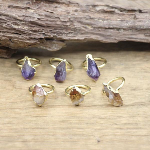 

wedding rings raw amethysts tail healing crystal natural citrines druzy chips golden circle finger ring party jewelry,qc4095, Slivery;golden