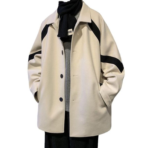 

men's wool & blends woolen coat contrast color lapels korean style trendy loose casual clothing, Black