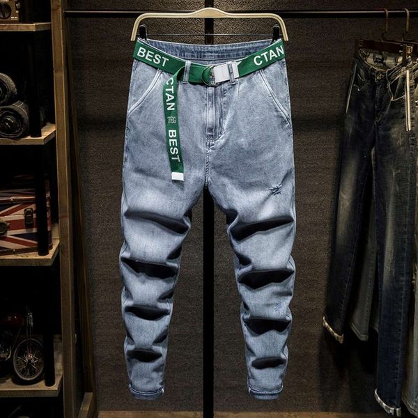

jeans men's summer thin korean fashion stretch slim small foot hole casual versatile brand pantswinter, Blue