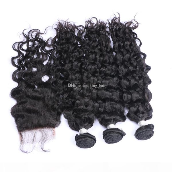 

brazilian water wave human hair with closure 3 bundles with closure part wet wavy weaves with closure 4x4, Black