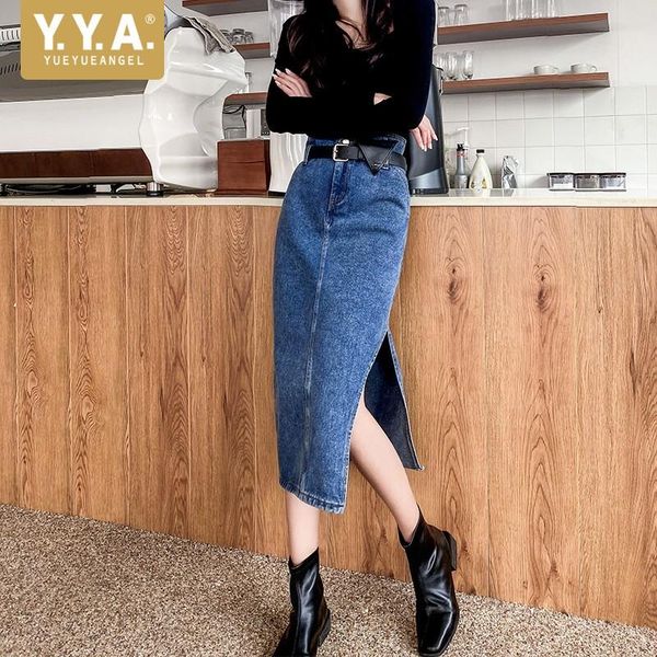 

skirts summer elegant high waist vintage denim skirt office lady pockets split korean style fashion womens casual a-line, Black