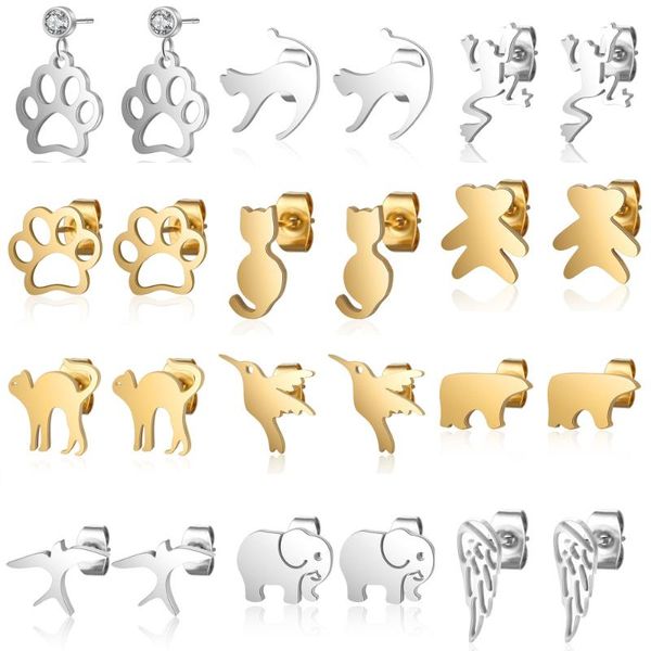 

stud dog cat kitty pet earrings wholesale 100% stainless steel animal elephant bear swallow frog ear studs drop, Golden;silver