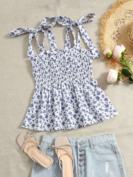 

allover floral print tie shoulder ruffle hem y10e#, White