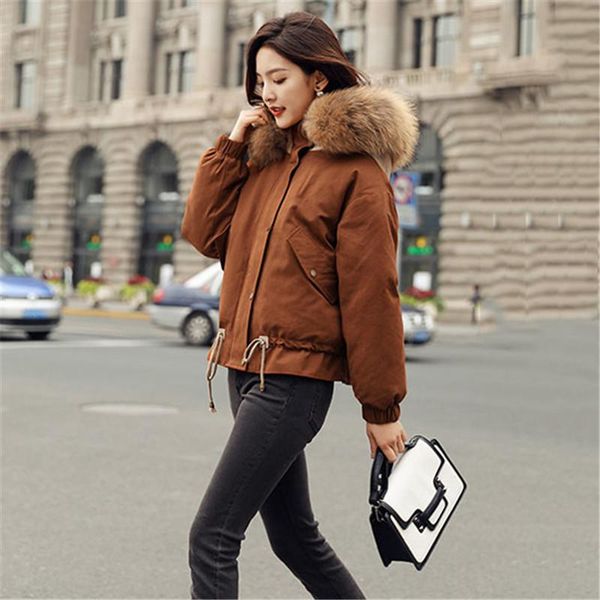 

women's trench coats winter jacket hooded fur collar short section large size cotton coat 2021 loose warm casual no948, Tan;black