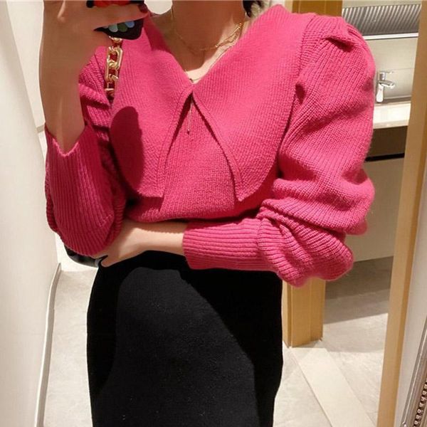 

women's sweaters vintage sweater women pullover lapel point collar puff sleeve cropped 2021 korean for jumpers, White;black
