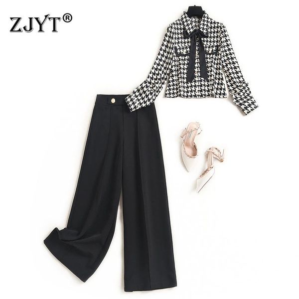 

women's two piece pants women fashion designer spring outfits elegant long sleeve plaid and suit office lady vintage sets, White