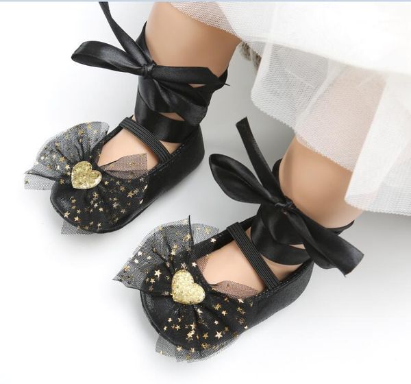 Primi camminatori che vendono 0-18M Scarpe da principessa per bambini Bling Gold Bow Lace-up PU Leather Soft Sole Mocassini Calzature Indoor Toddler