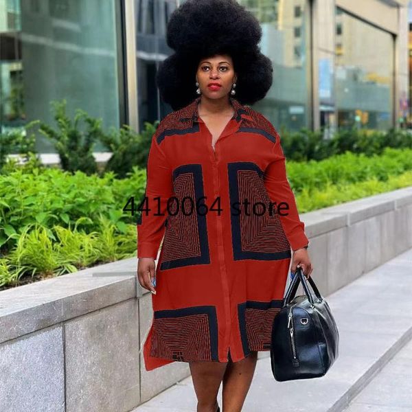 

casual dresses turn down collar midi plus size women's loose dress print full sleeve autumn and winter vestidos, Black;gray